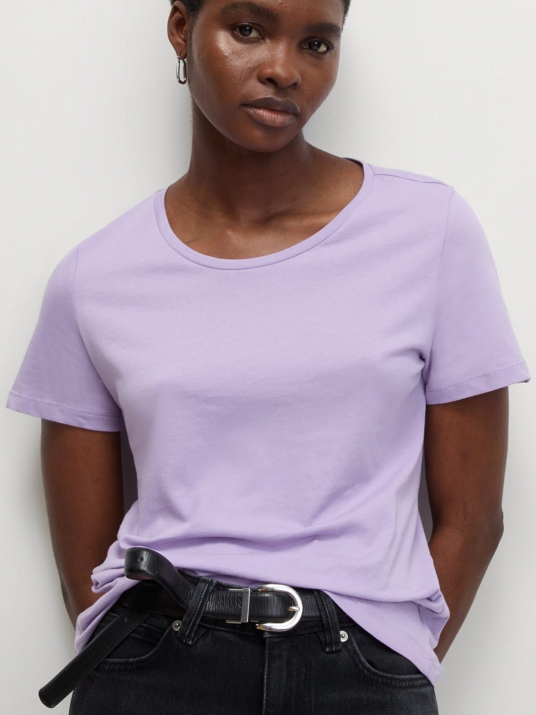 

Marks & Spencer Women Solid Round Neck Cotton T-shirt, Purple
