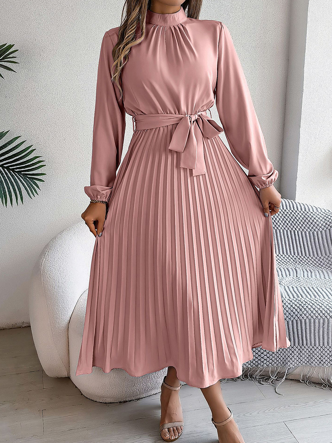 

StyleCast x Revolte High Neck Fit and Flare Pleated Midi Dress, Pink