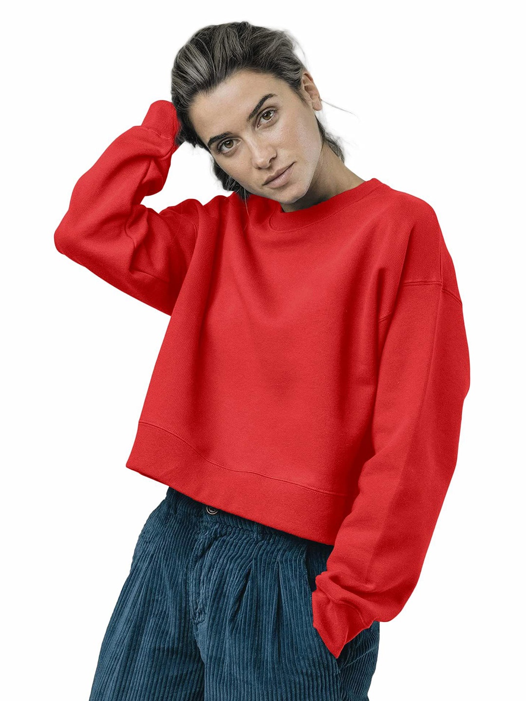

NOTWILD Women Round Neck Pullover Cotton Sweatshirt, Red