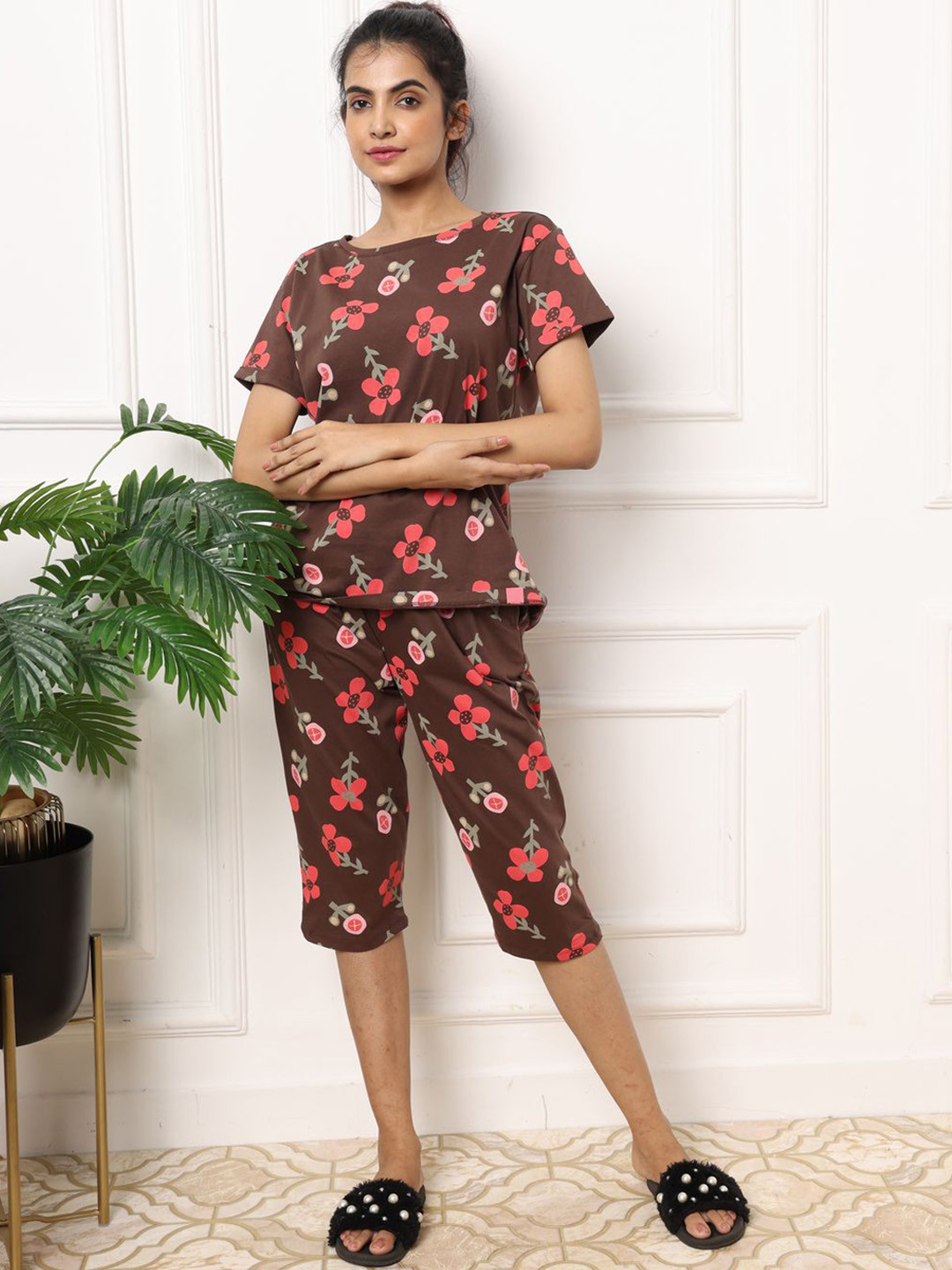 

LABEL MY Women Floral Printed Pure Cotton Night suit, Brown
