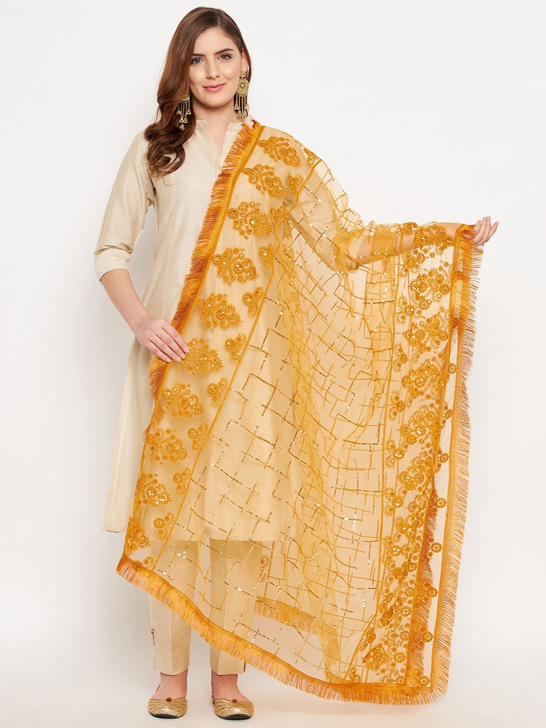 

Clora Creation Floral Embroidered Dupatta With Sequinned, Mustard