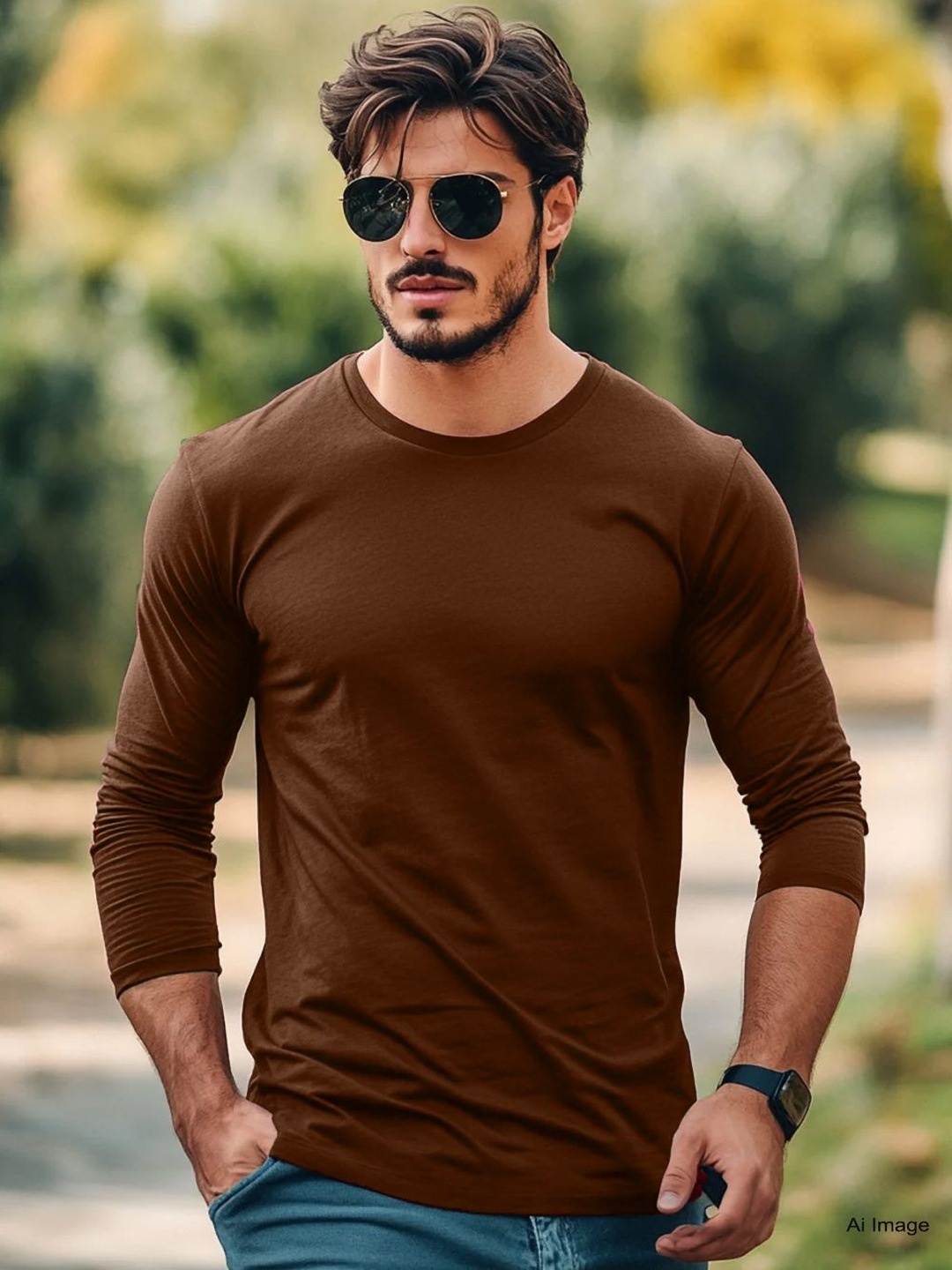 

CLAFOUTIS Men Solid Round Neck Cotton T-shirt, Coffee brown