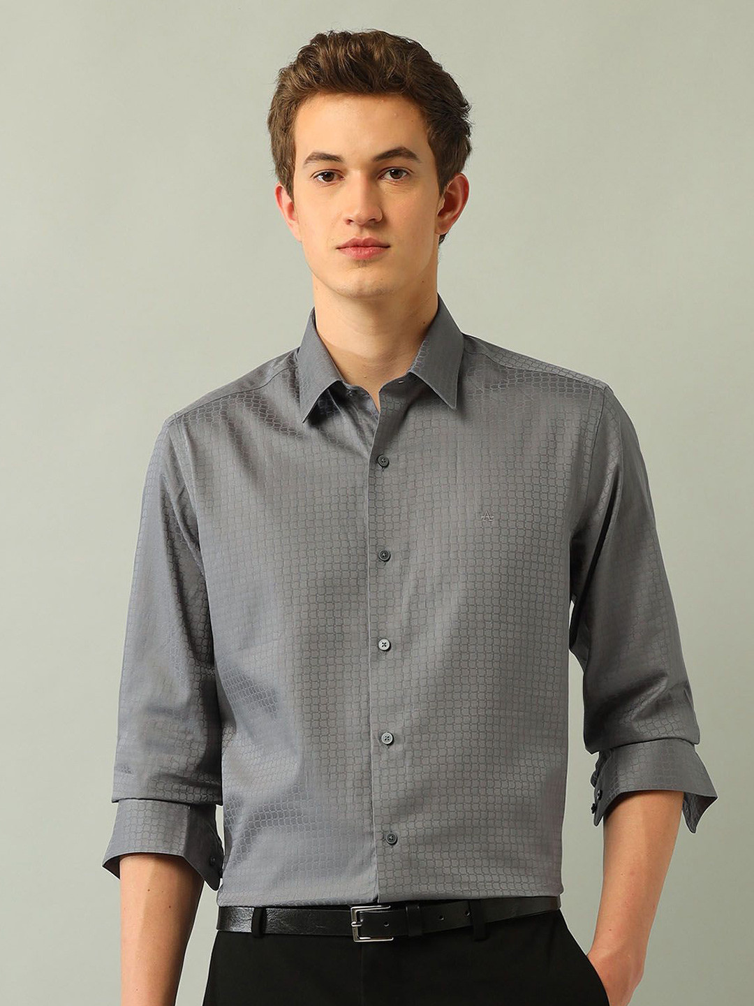 

Arrow New York Men Slim Fit Spread Collar Geometric Printed Cotton Formal Shirt, Grey