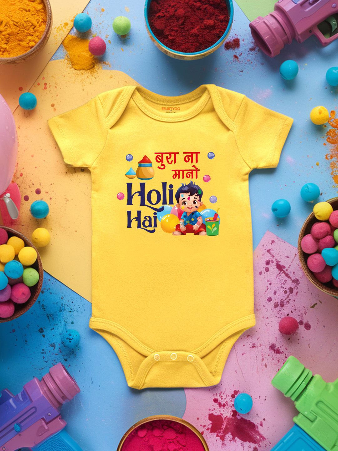 

FFLIRTYGO Infants Holi Printed Cotton Bodysuit, Yellow