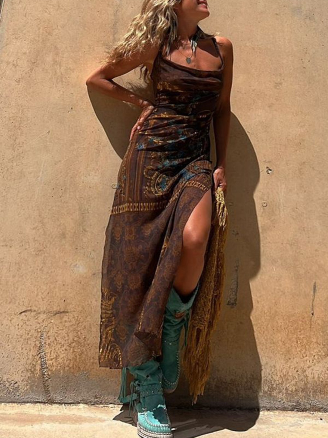 

StyleCast x Revolte Women Printed Georgette Fit & Flare Midi Dress, Brown