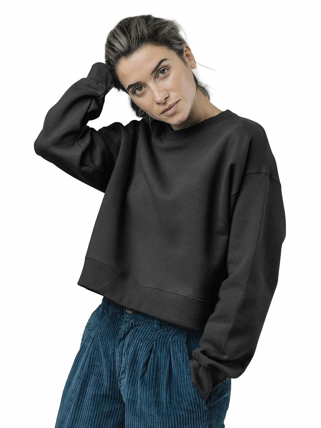

NOTWILD Women Plus Size Round Neck Cotton Sweatshirt, Black