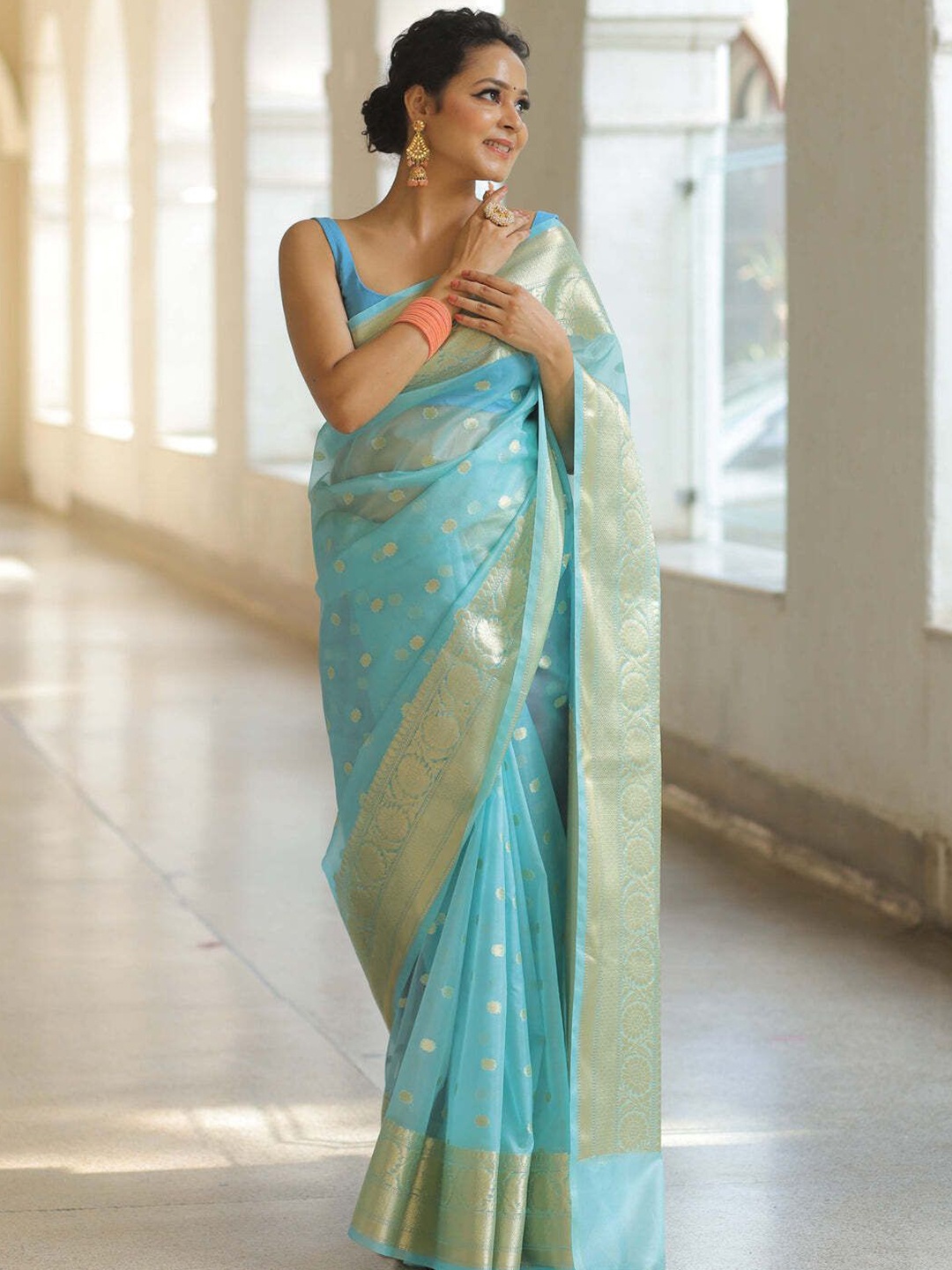 

bansari textiles Woven Design Zari Organza Kota Saree, Turquoise blue