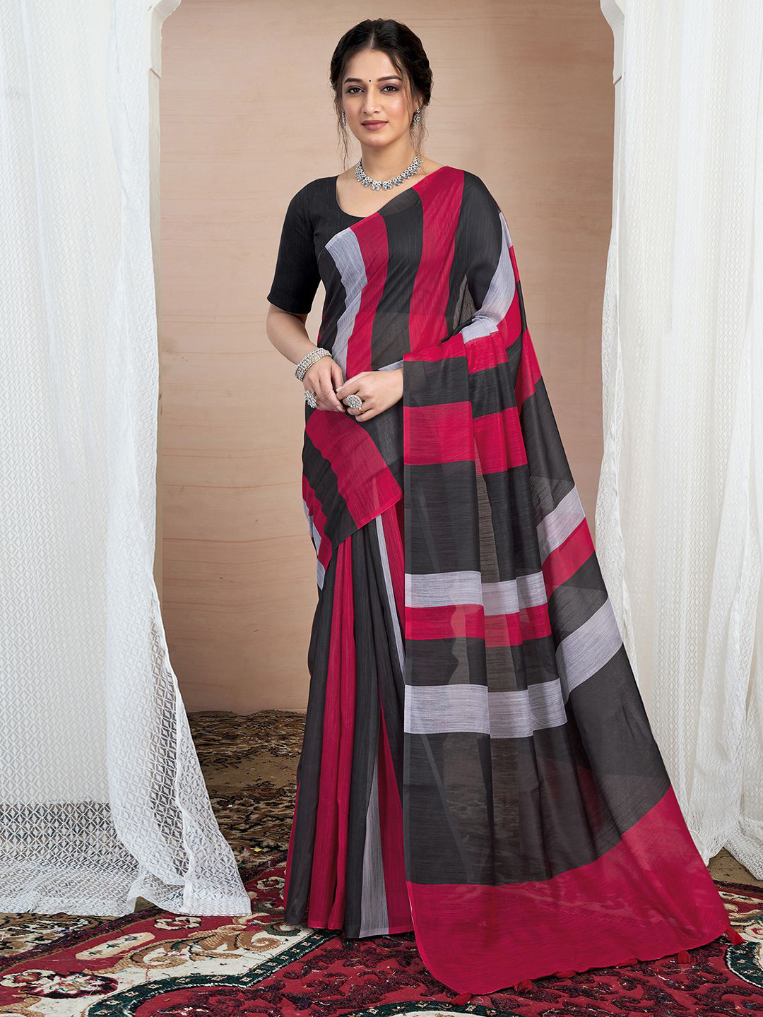 

KALINI Striped Saree, White