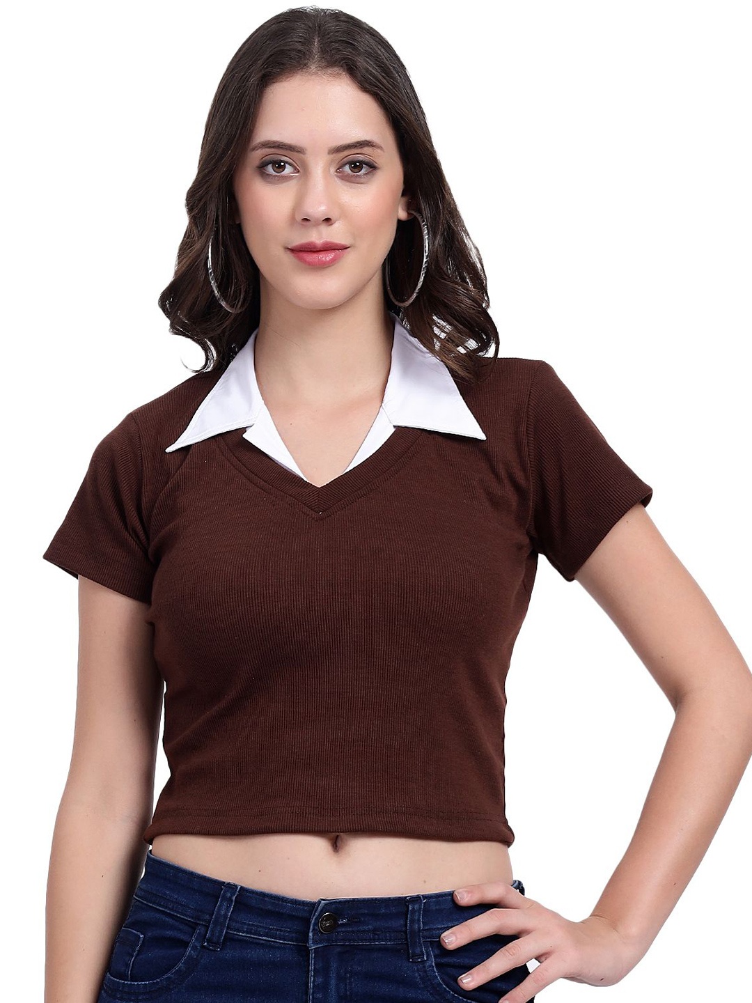 

The Roadster Lifestyle Co Women Rib Crop Top With Collar, Brown