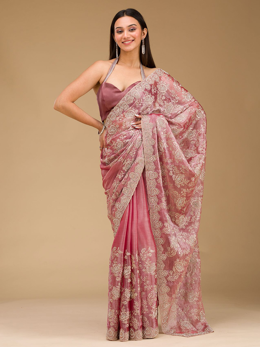 

Koskii Floral Embroidered Tissue Saree, Pink