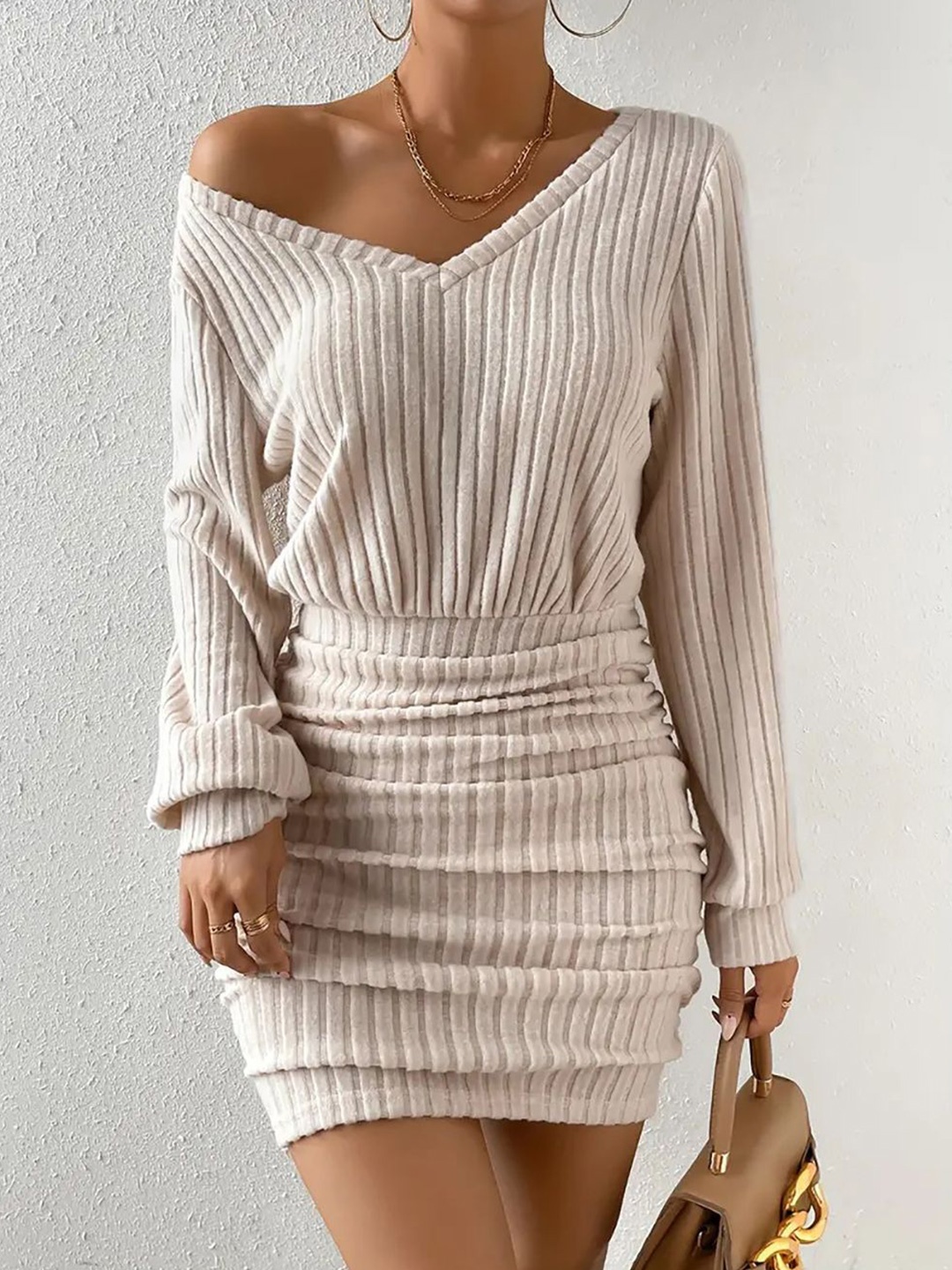 

StyleCast x Revolte Women V-Neck Self Design Sheath Mini Dress, Beige