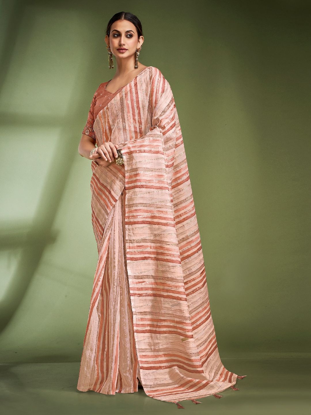 

Mitera Striped Zari Tissue Saree, Peach