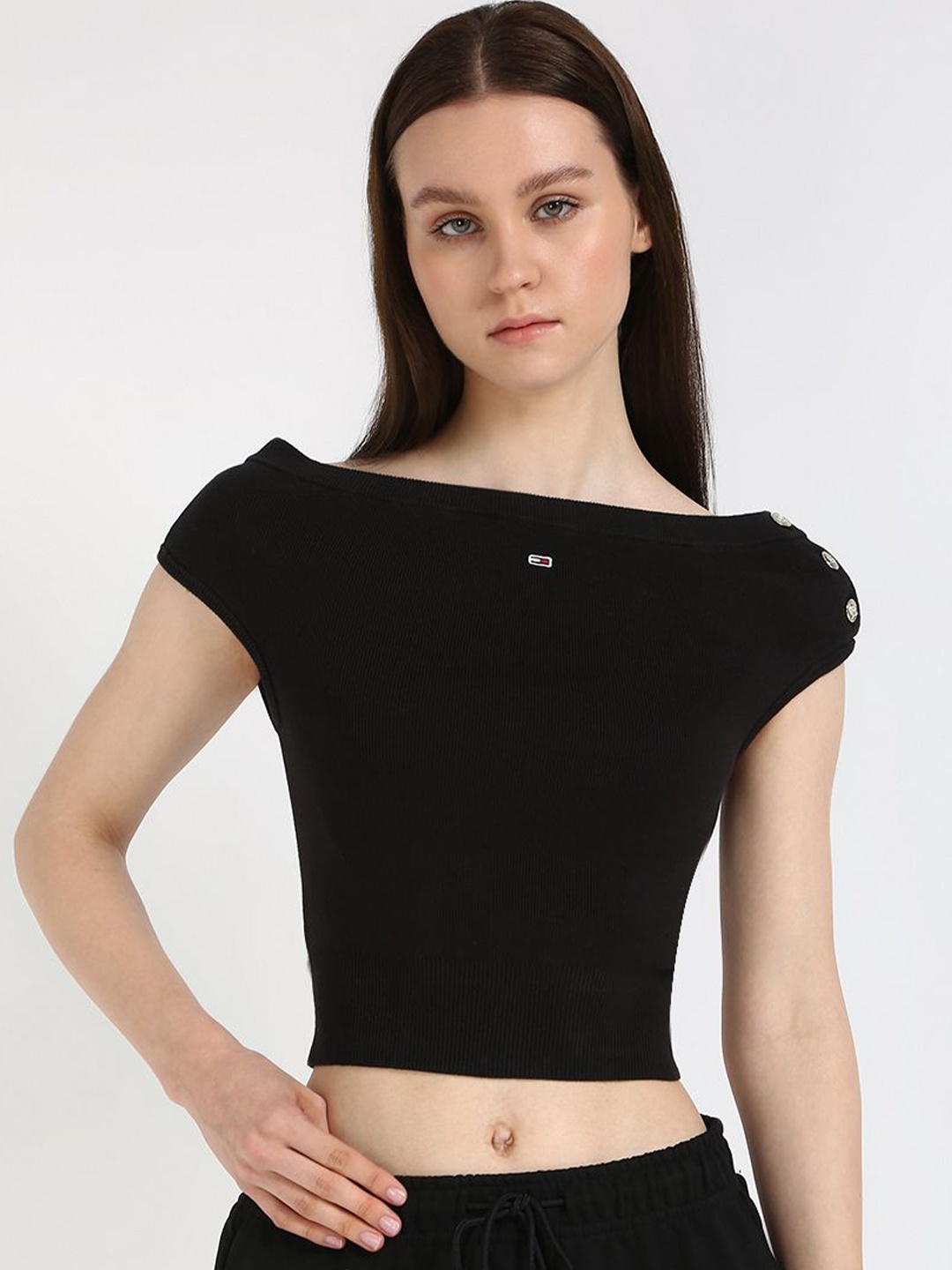 

Tommy Hilfiger Women Cotton Boat Neck Top, Black