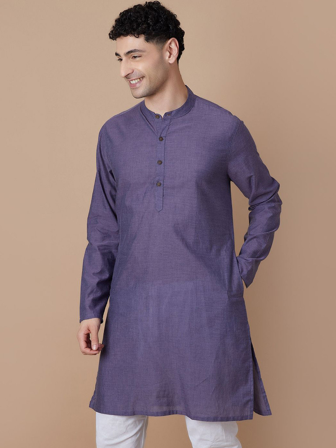 

Melange by Lifestyle Band Collar Cotton Straight Kurta, Purple