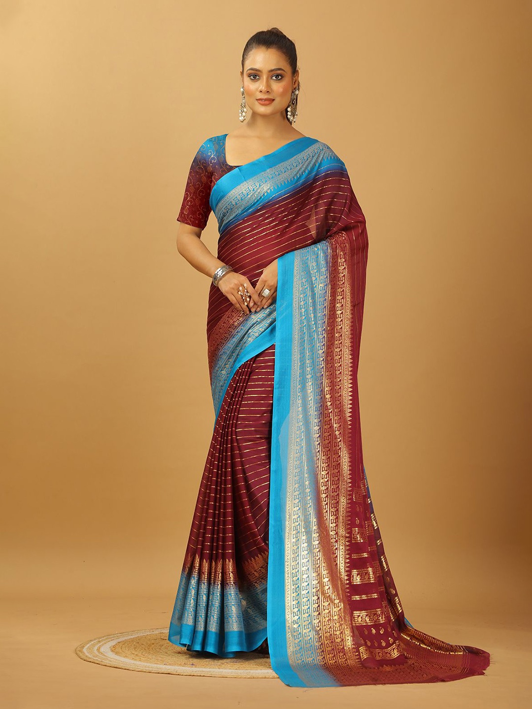 

NIRMAL CREATION Striped Pure Crepe Saree, Burgundy