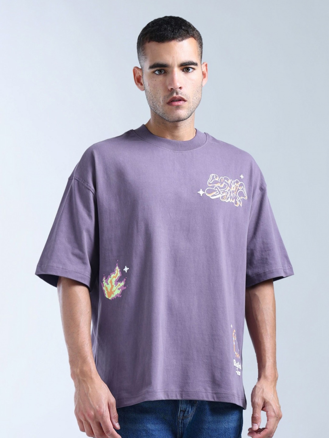 

Flying Machine Men Printed Drop-Shoulder Sleeves T-shirt, Purple