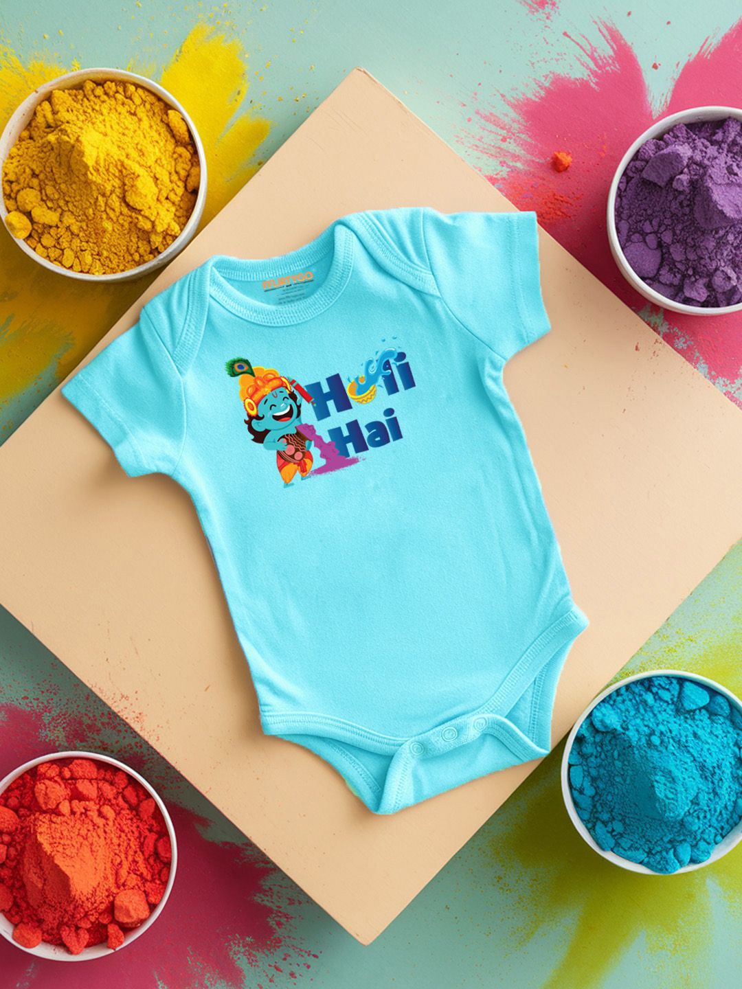 

FFLIRTYGO Infants Holi Printed Cotton Bodysuit, Turquoise blue