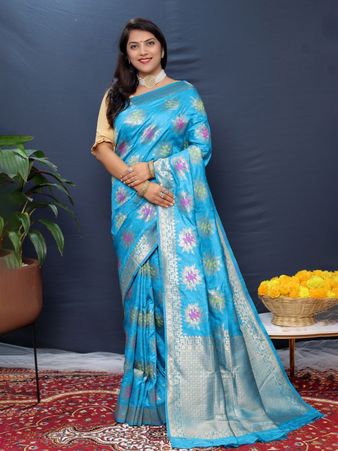 

amirat Gulmohar Ethnic Motifs Woven Design Zari Pure Silk Banarasi Saree, Turquoise blue