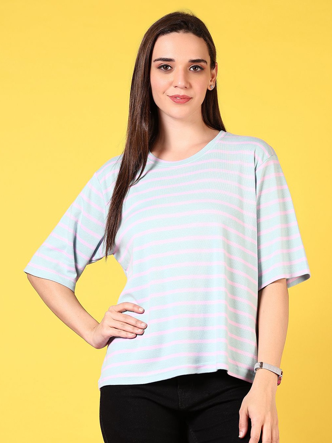 

V-Mart Women Striped Round Neck Cotton Relaxed Fit T-shirt, Grey