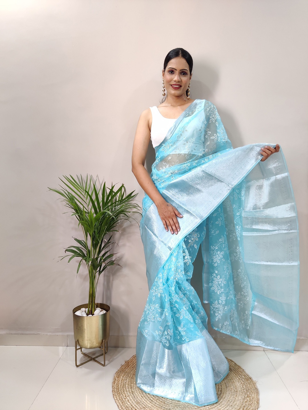 

bansari textiles Woven Design Zari Organza Saree, Blue