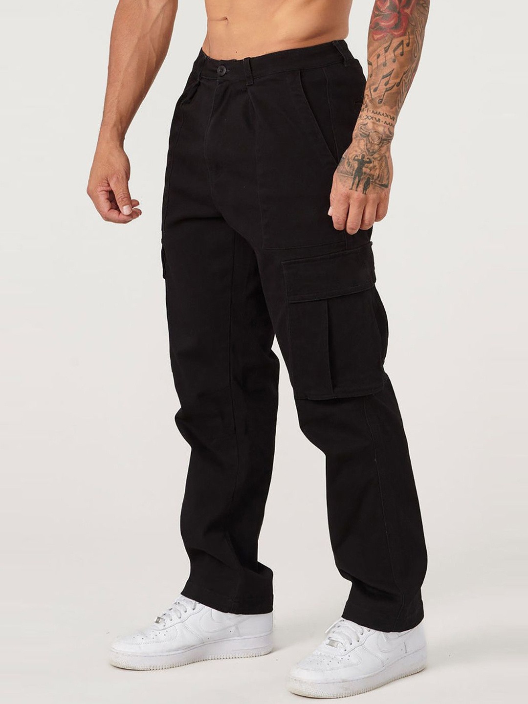 

StyleCast x Revolte Men Solid Mid-Rise Cargos Trousers, Black