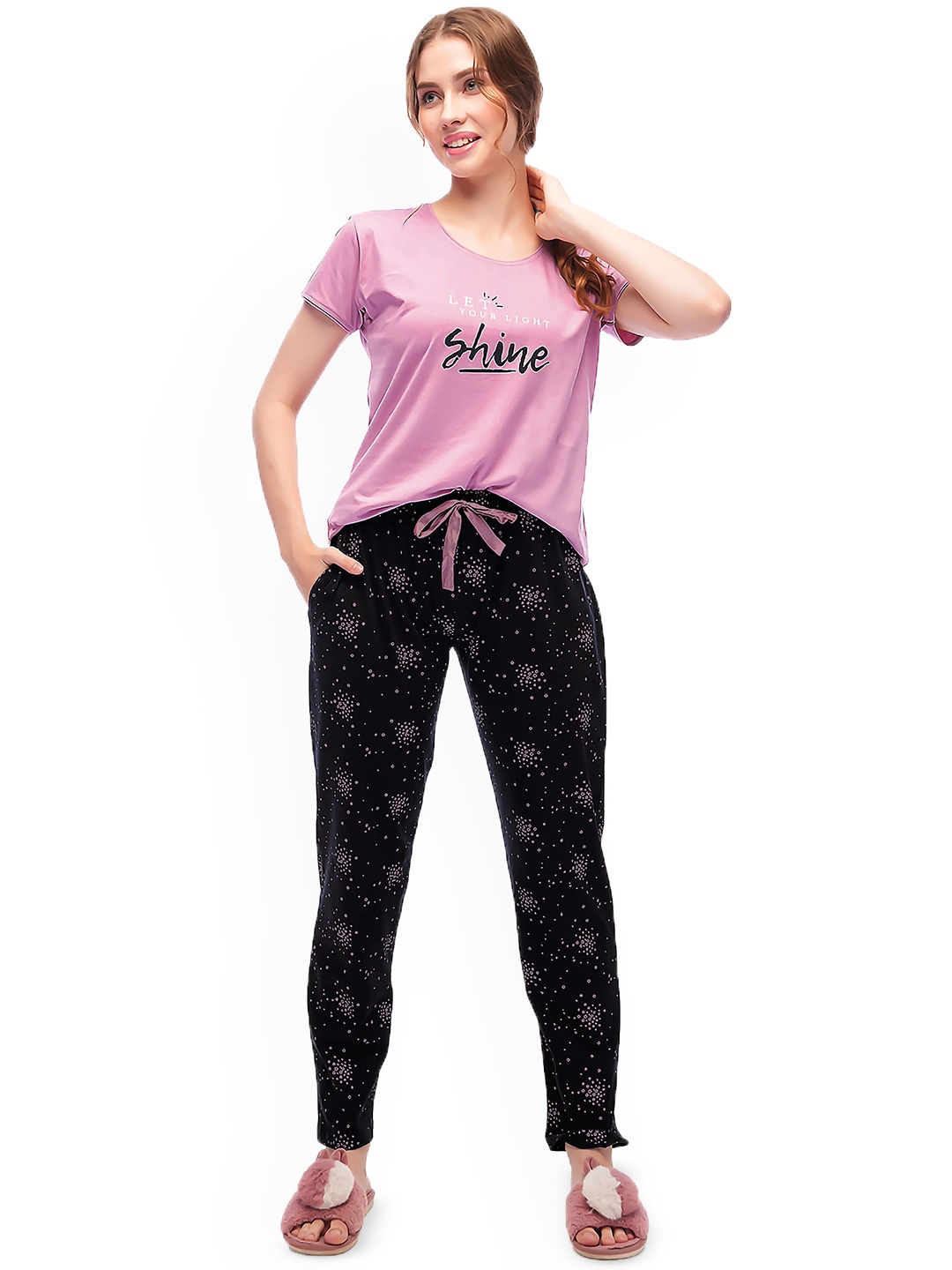 

Lotik Women Printed T-shirt and Pyjamas Night suit, Pink