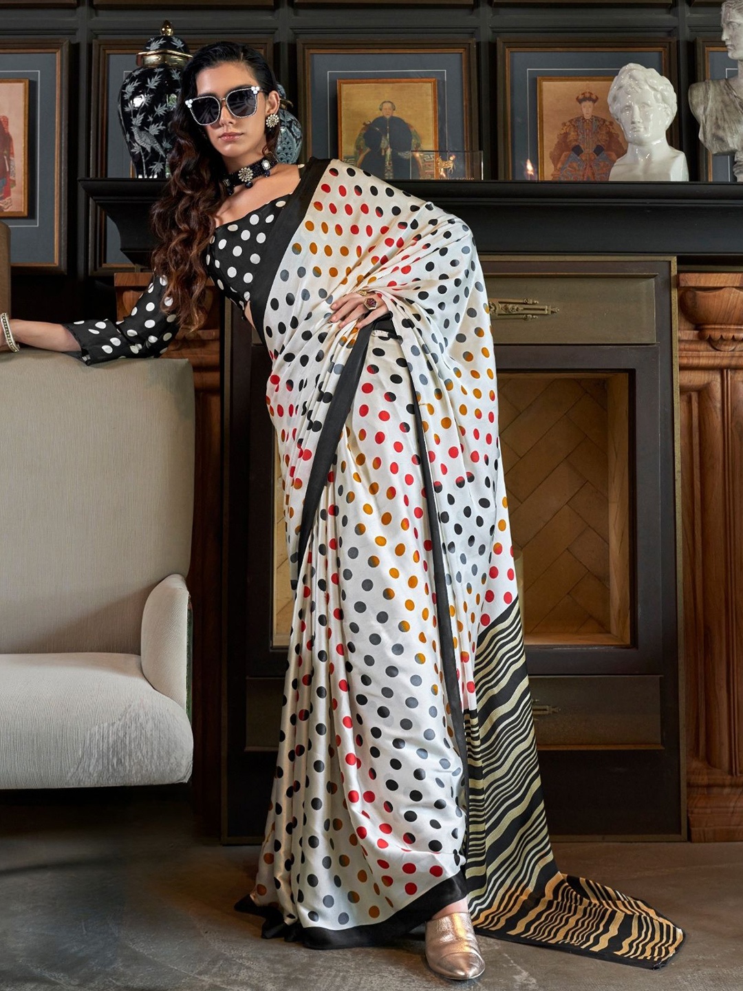 

DEVATITHI Polka Dot Satin Saree, White