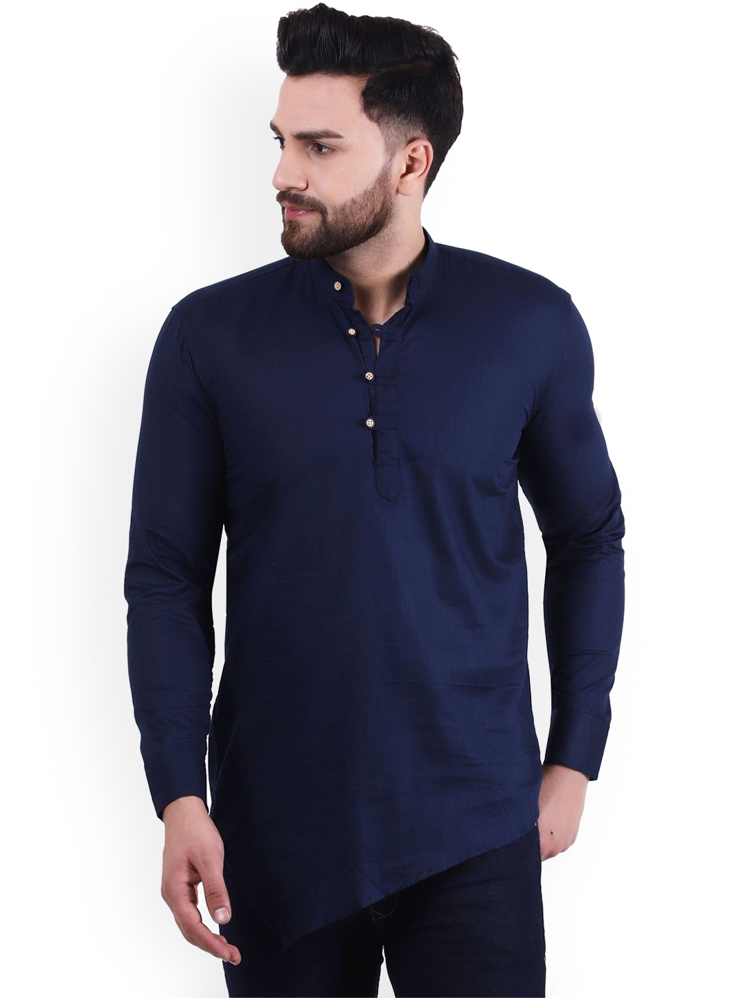 

Moda Rapido Band Collar Rolled-Up Sleeves Pure Cotton Short Kurta, Blue