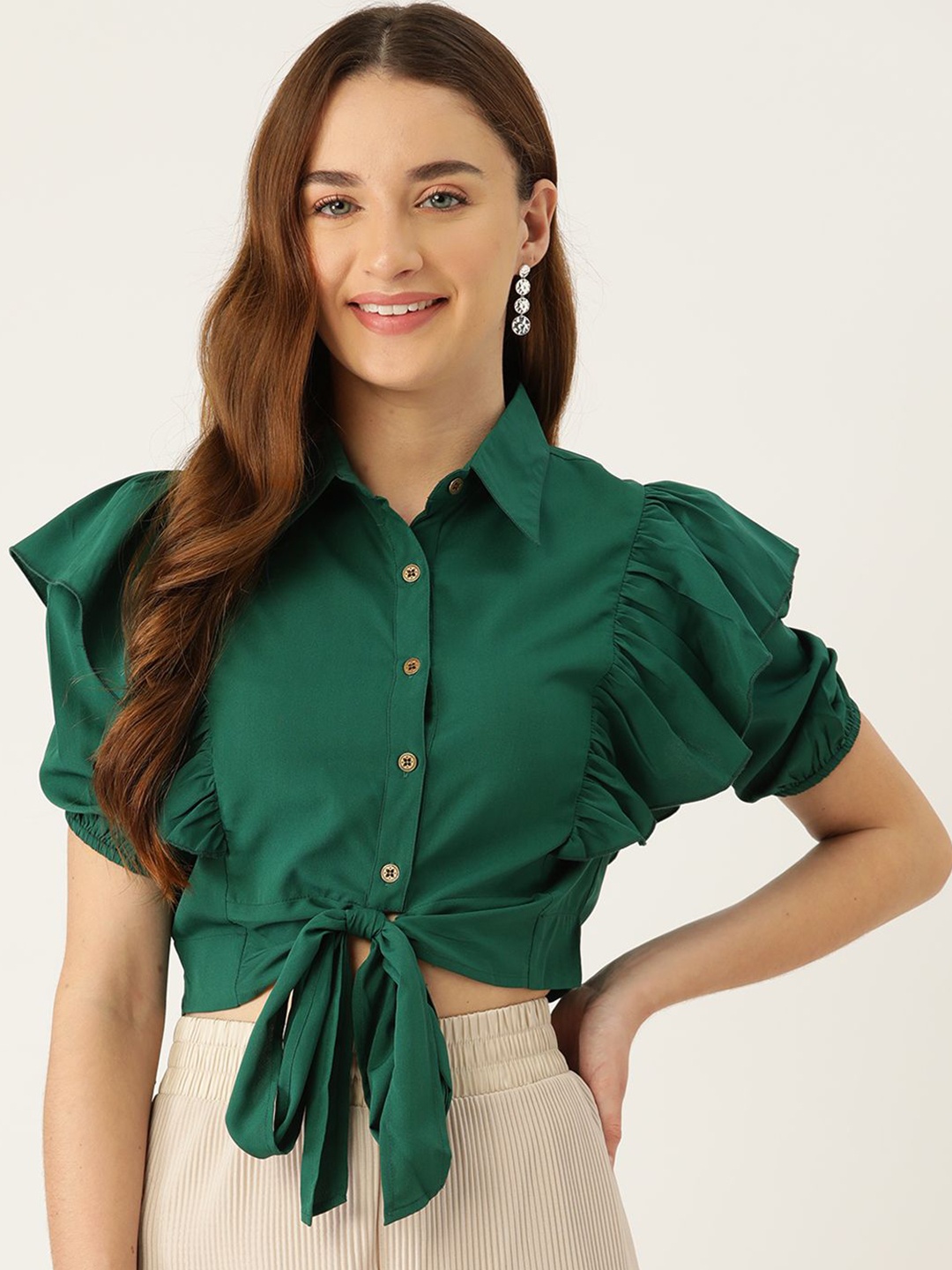 

Moda Rapido Puff Sleeve Ruffles Crepe Shirt Style Crop Top, Green