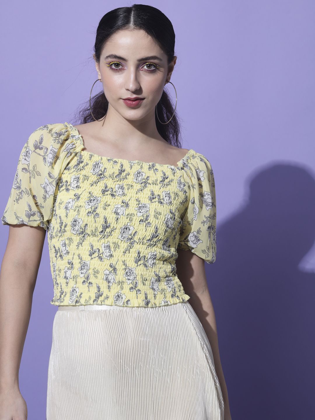 

Moda Rapido Floral Print Puff Sleeve Georgette Crop Top, Yellow