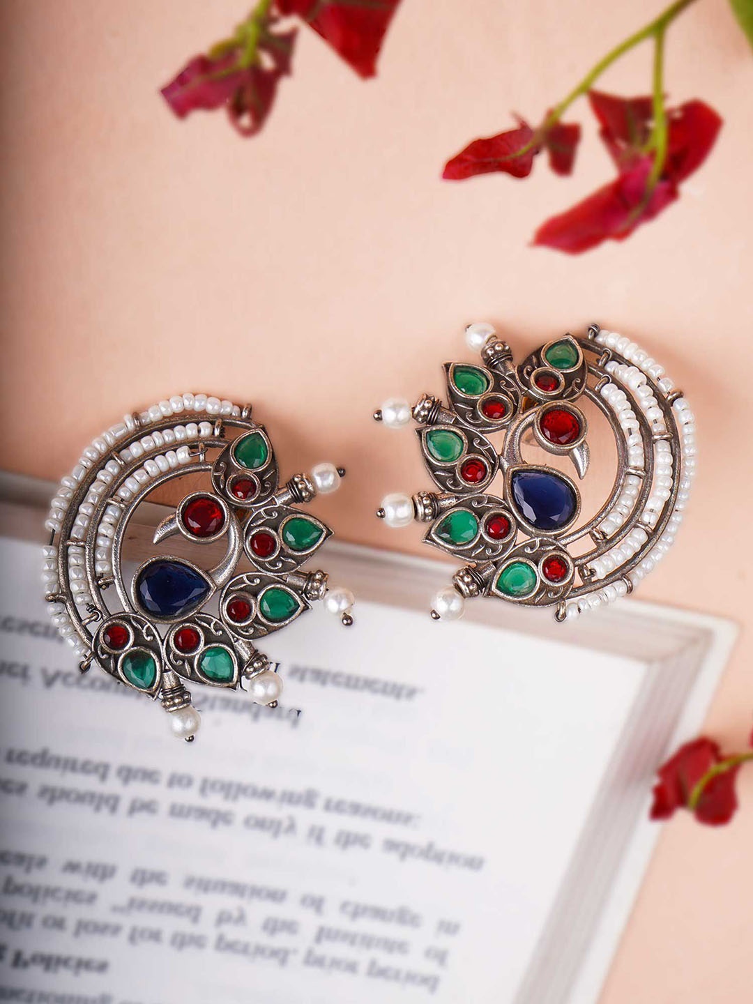 

Sangria Red Silver-Plated Artificial Stones Studded And Pearls Beaded Drop Earrings