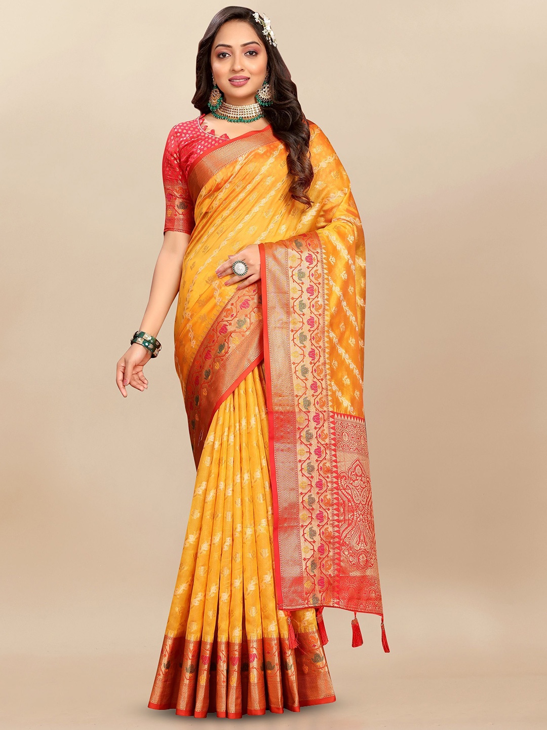

bansari textiles Woven Design Zari Banarasi Saree, Yellow