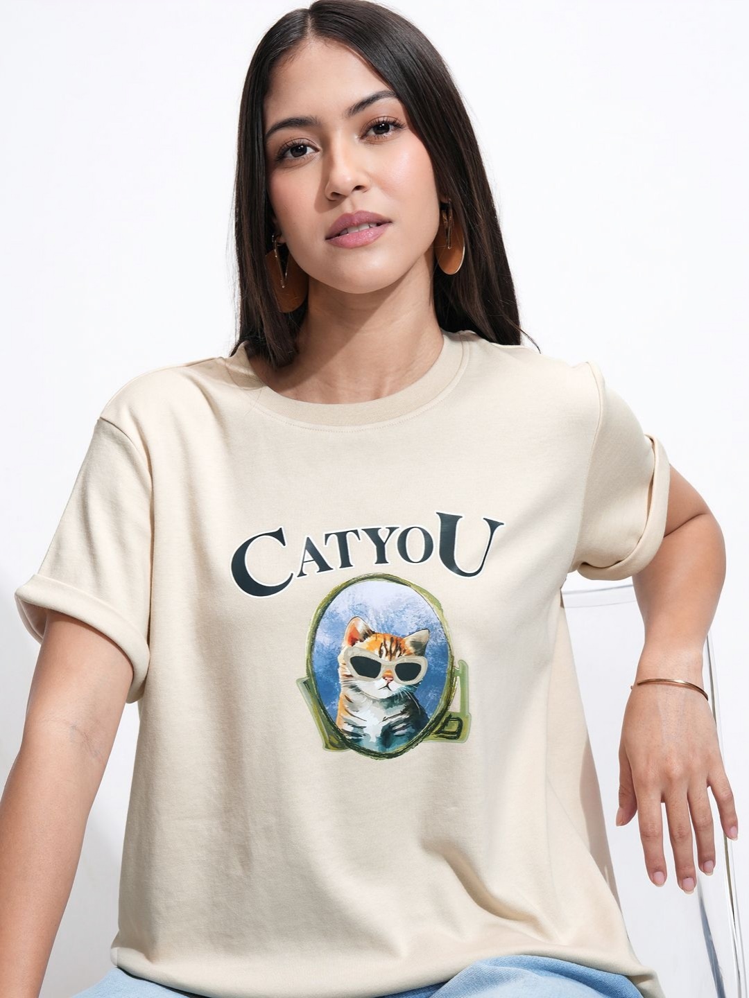 

Tokyo Talkies Women Typography Printed Round Neck Cotton T-shirt, Beige