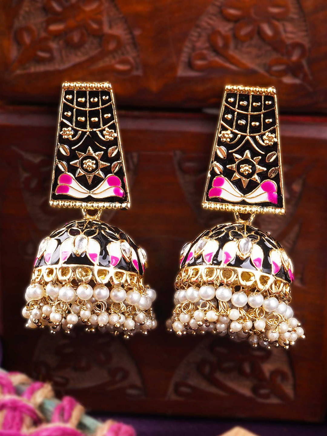 

Anouk Gold-Plated And Black Artificial Stones Studded Dome Shaped Jhumkas