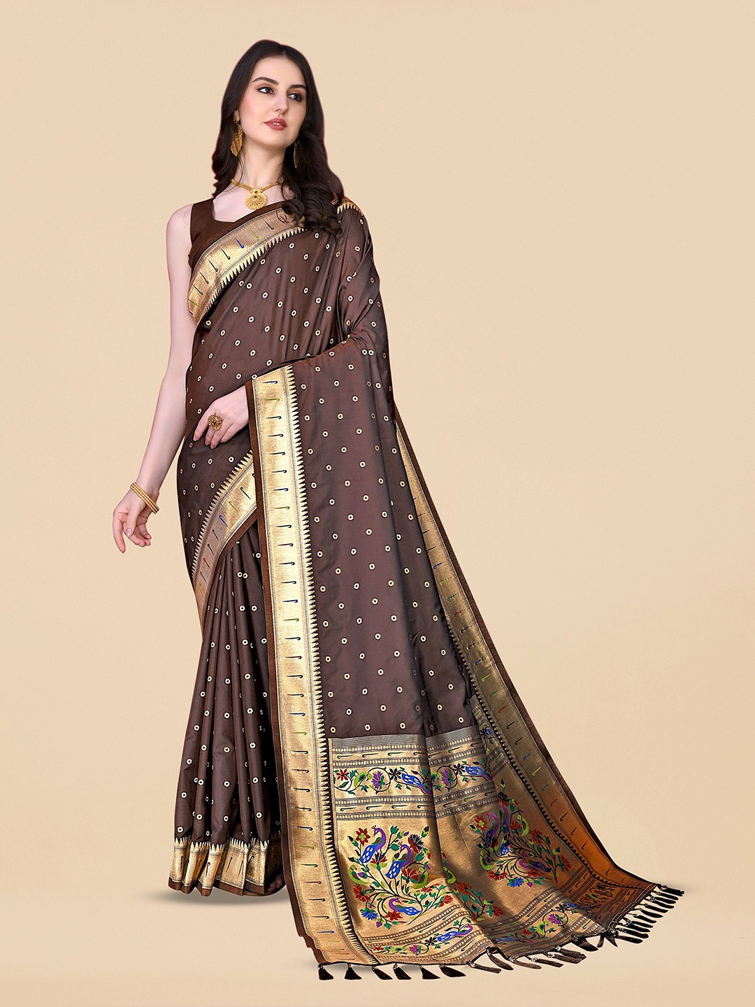 

bansari textiles Woven Design Zari Banarasi Saree, Brown