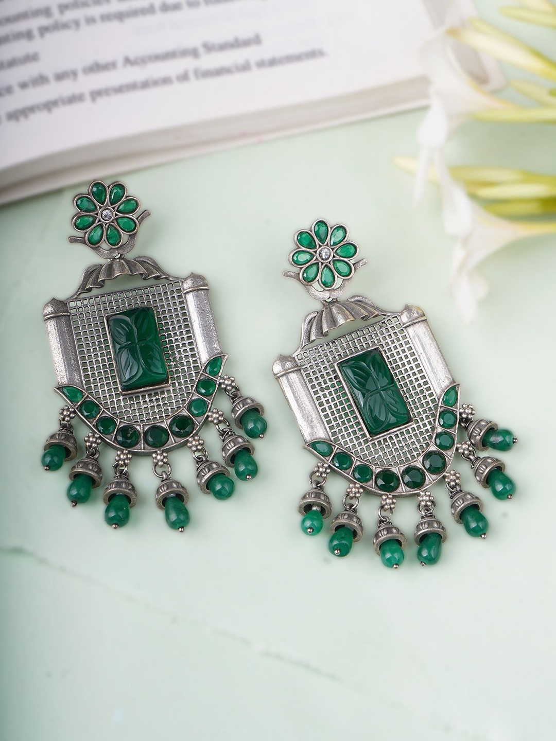 

Sangria Green Silver-Plated Artificial Stones Studded And Beaded Oxidised Drop Earrings