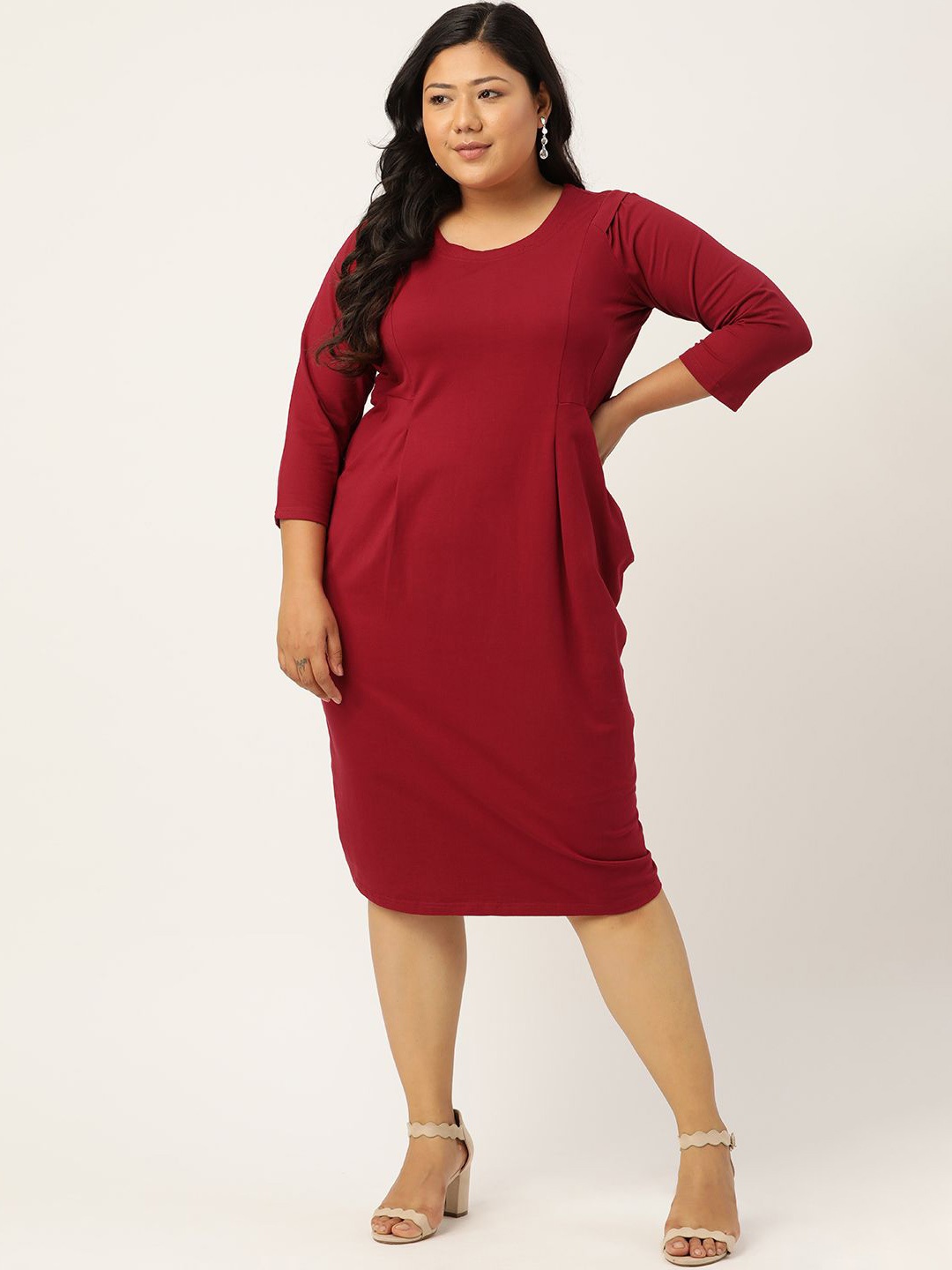 

theRebelinme Women Round Neck A-Line Midi Plus Size Dress, Maroon