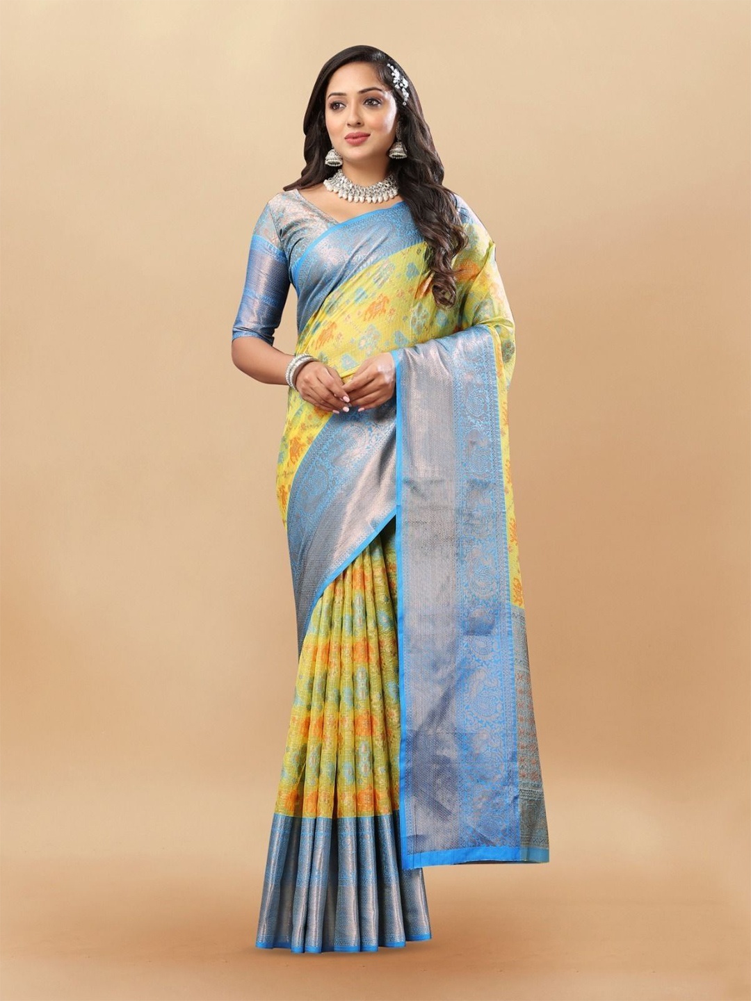 

bansari textiles Woven Design Zari Paithani Saree, Yellow