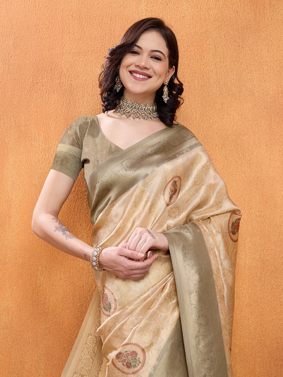 

Ethnielle Woven Design Zari Silk Blend Banarasi Saree, Beige