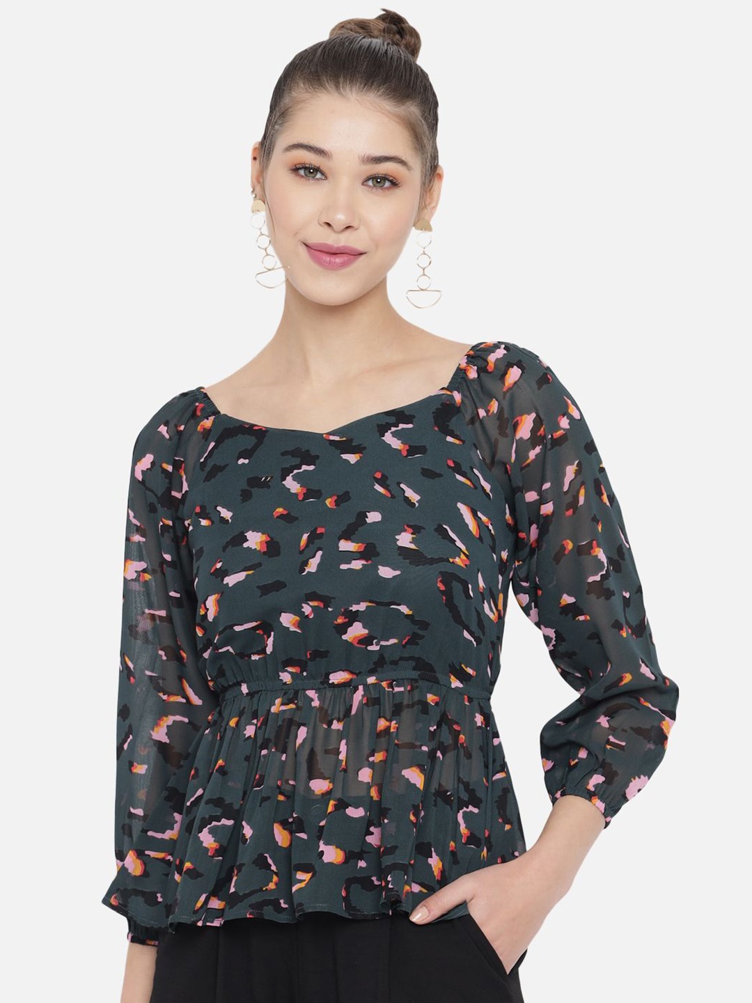 

Moda Rapido Abstract Printed Peplum Top, Green