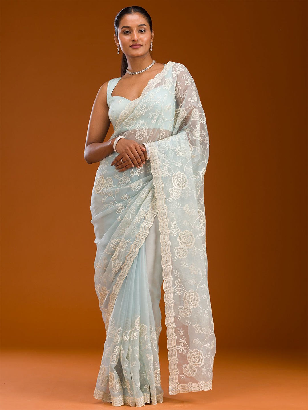 

Koskii Floral Sky Blue Threadwork Chiffon Saree