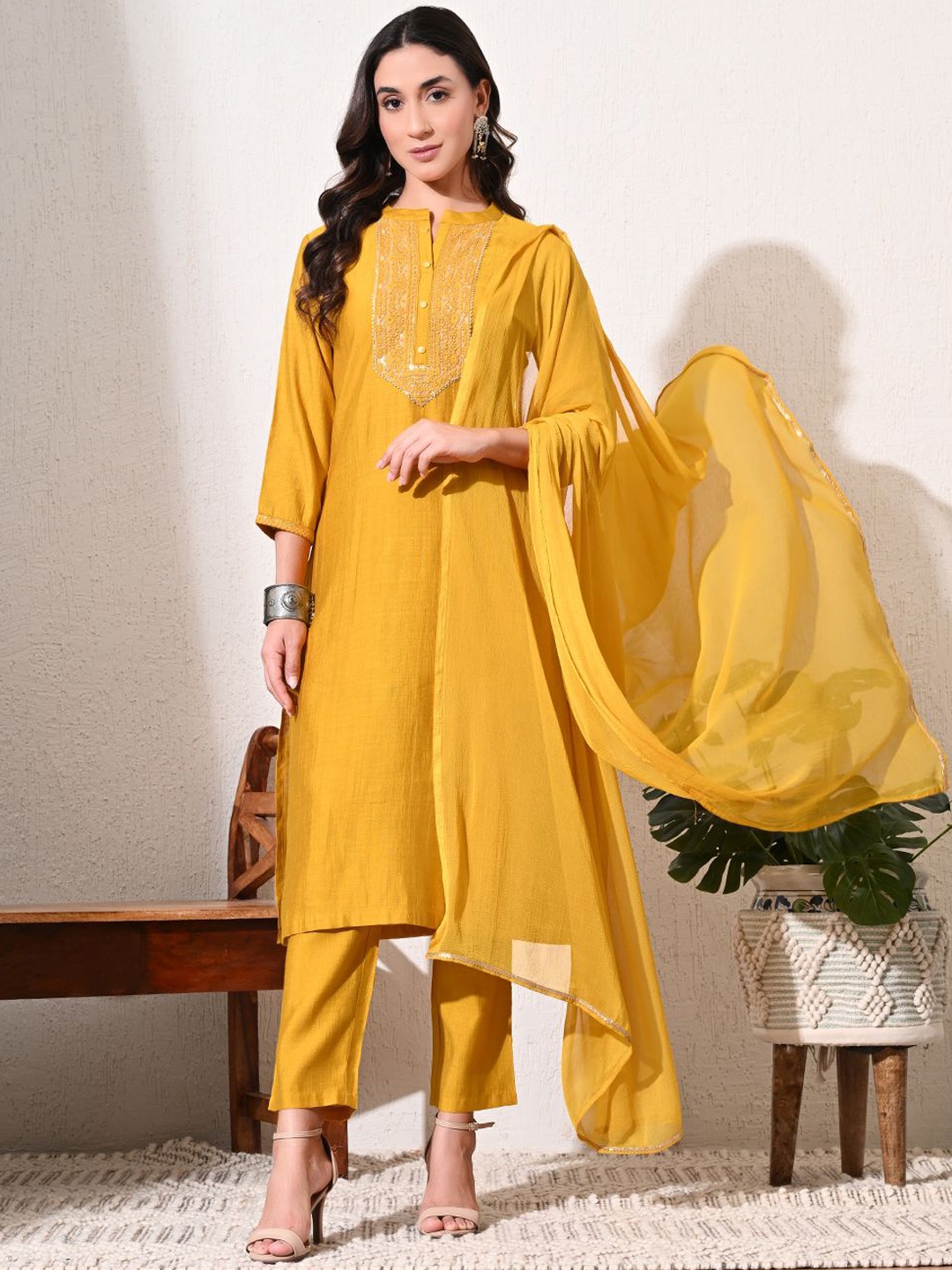 

Sangria Mustard Yoke Design Mandarin Collar Chanderi Silk Kurta With Trouser & Dupatta