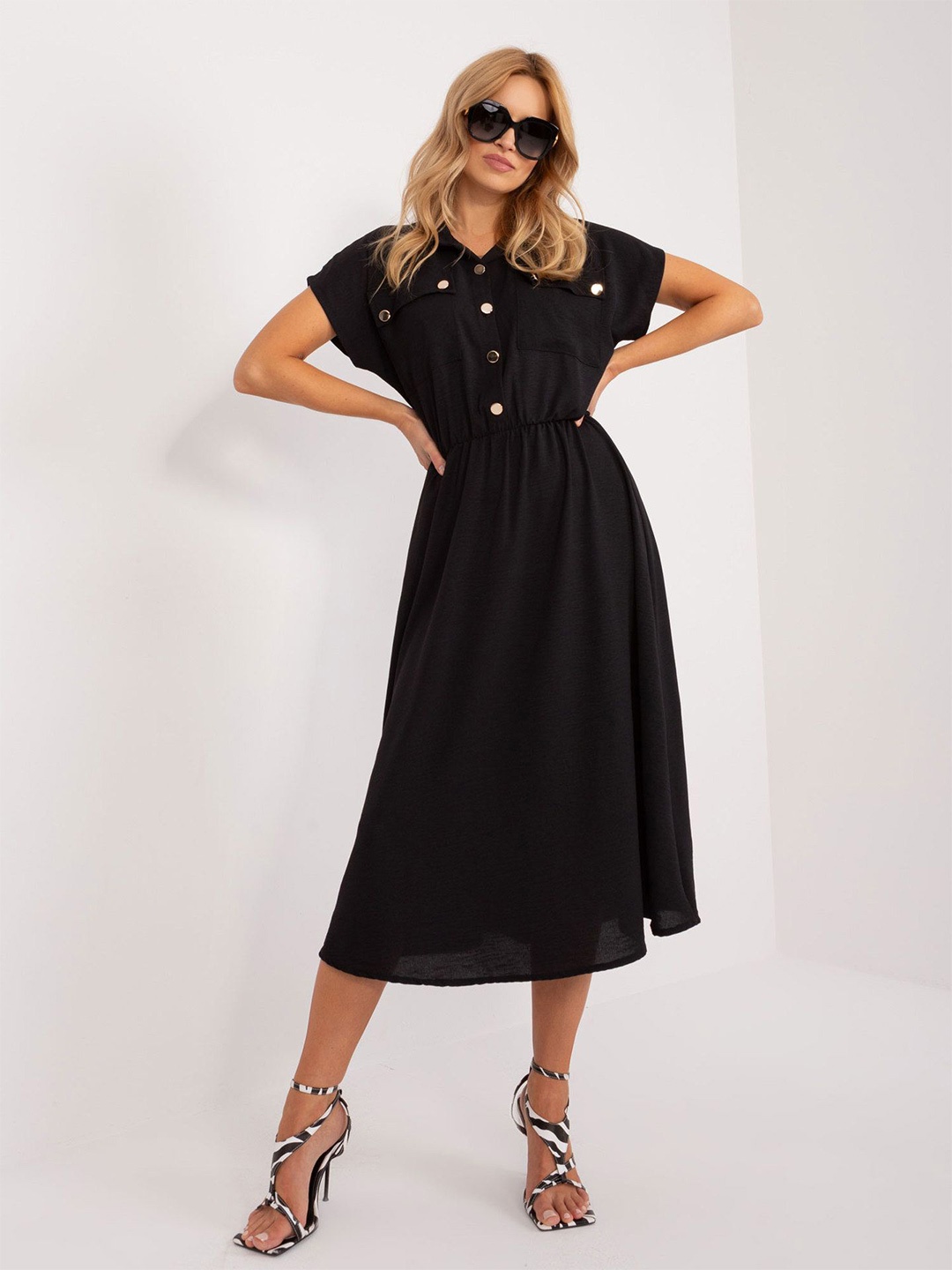 

StyleCast x Revolte Women Shirt Collar Georgette Fit & Flare Midi Dress, Black