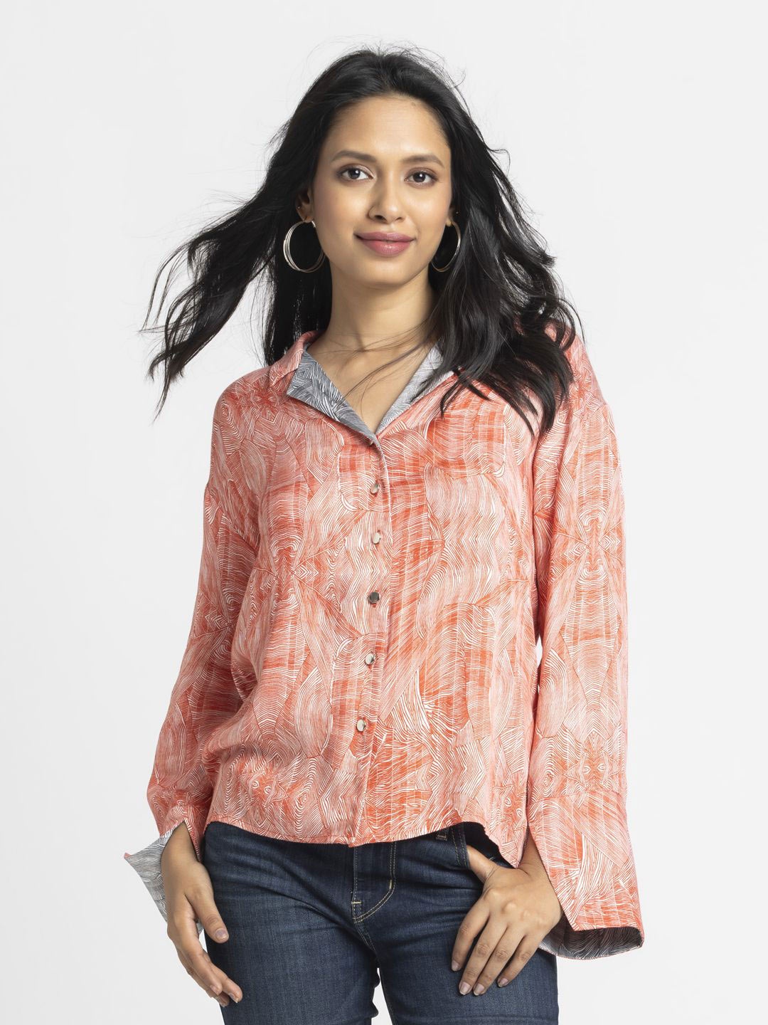 

SHAYE Women Smart Relaxed Fit Cuban Collar Abstract Printed Casual Shirt, Red