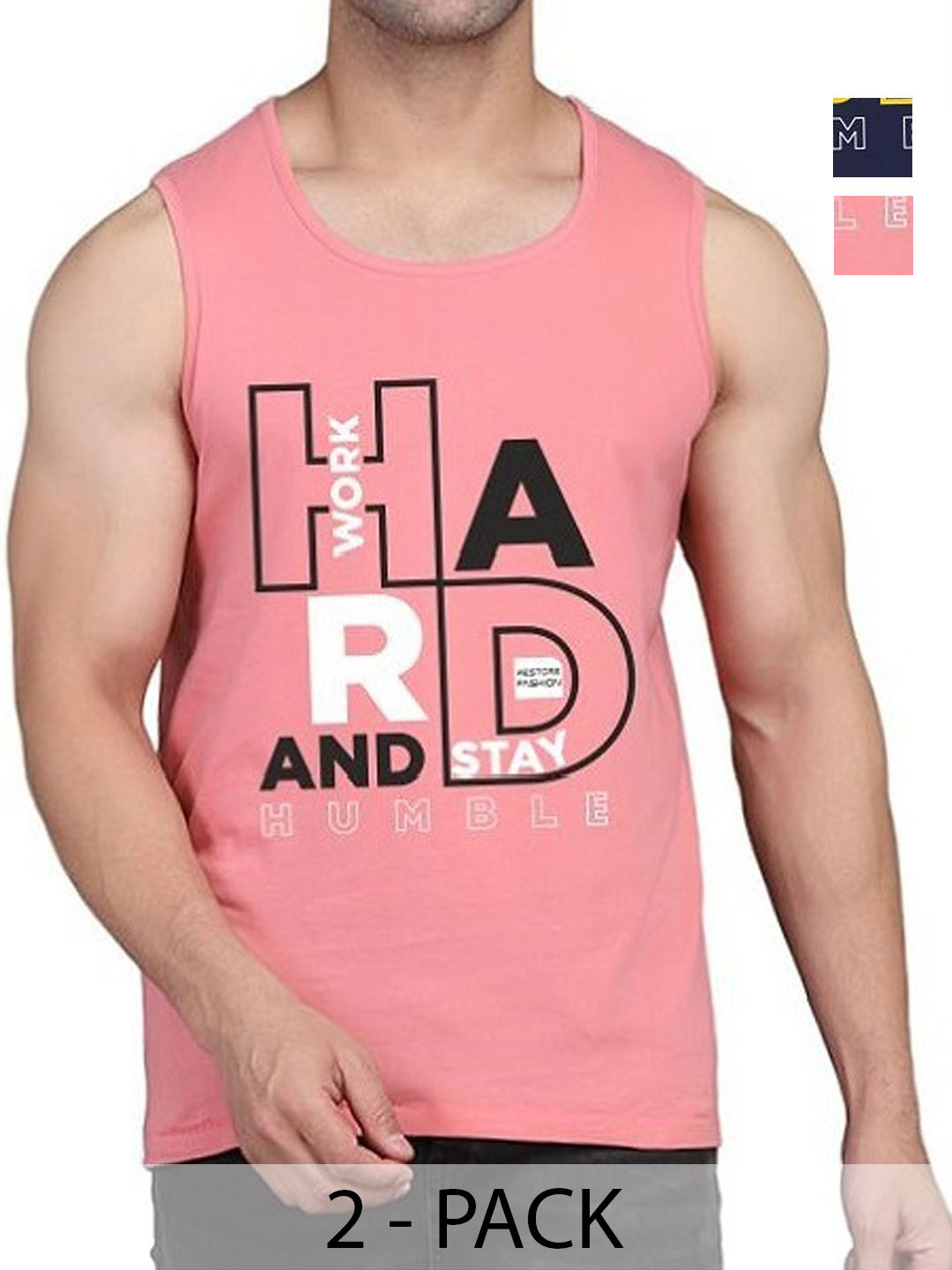 

WOOSTRO Men Pack Of 2 Typography Printed Round Neck Cotton Slim Fit T-shirts, Navy blue