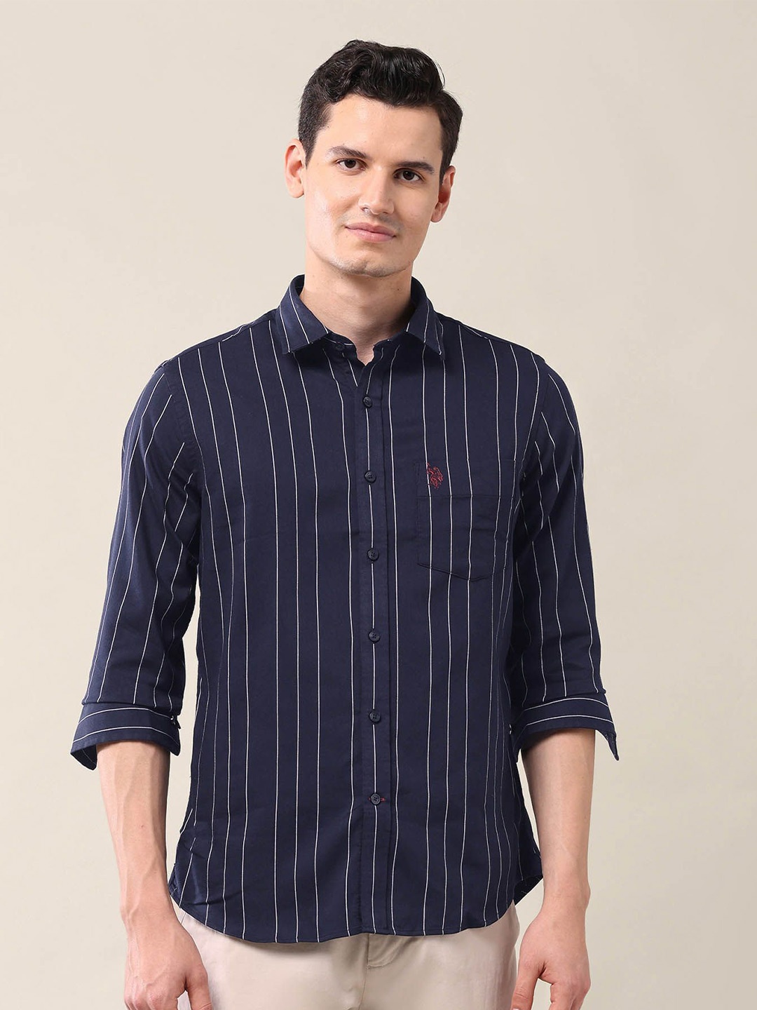 

U.S. Polo Assn. Men Classic Fit Spread Collar Vertical Striped Cotton Casual Shirt, Navy blue