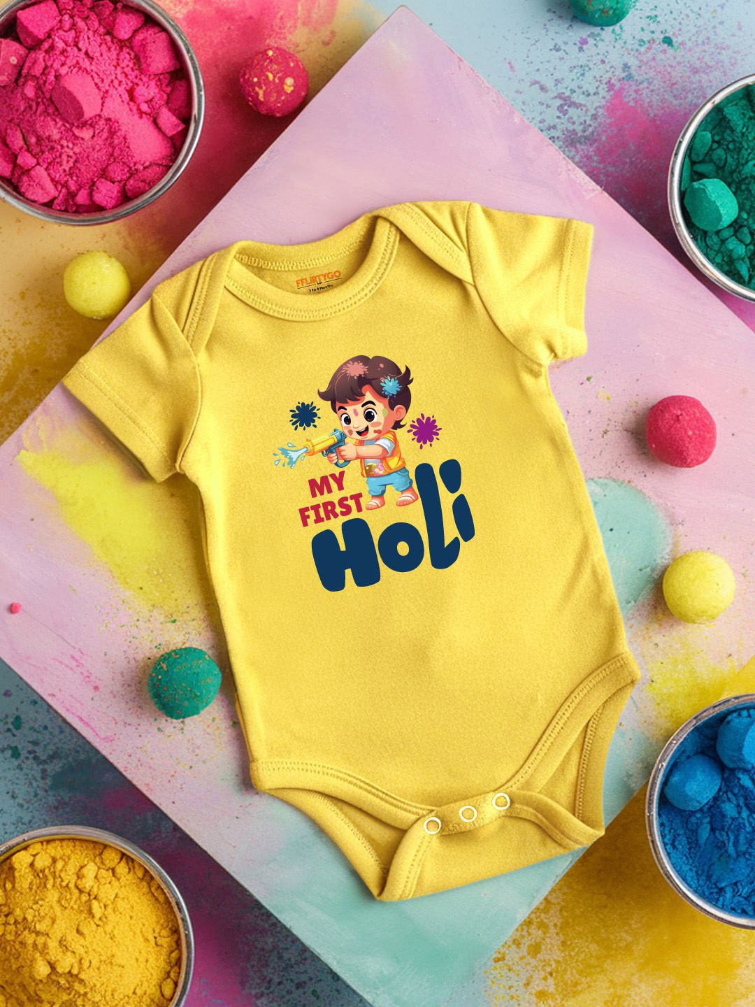 

FFLIRTYGO Infants Holi Printed Cotton Bodysuit, Yellow