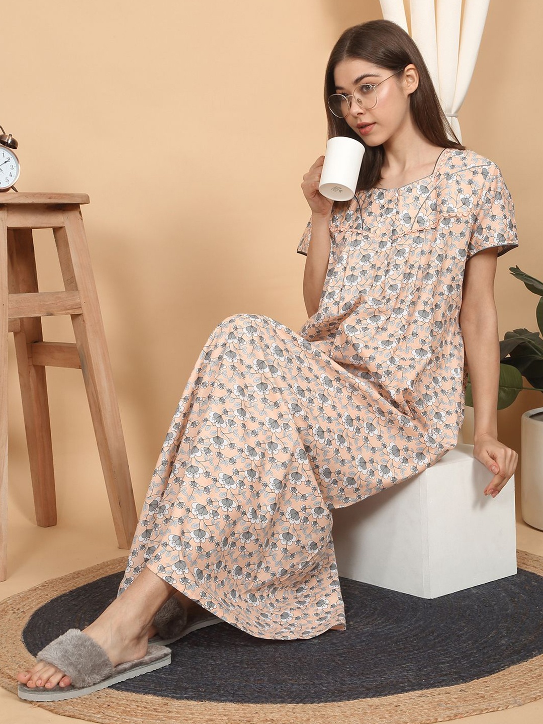 

SAANJ Printed Maxi Nightdress, Beige