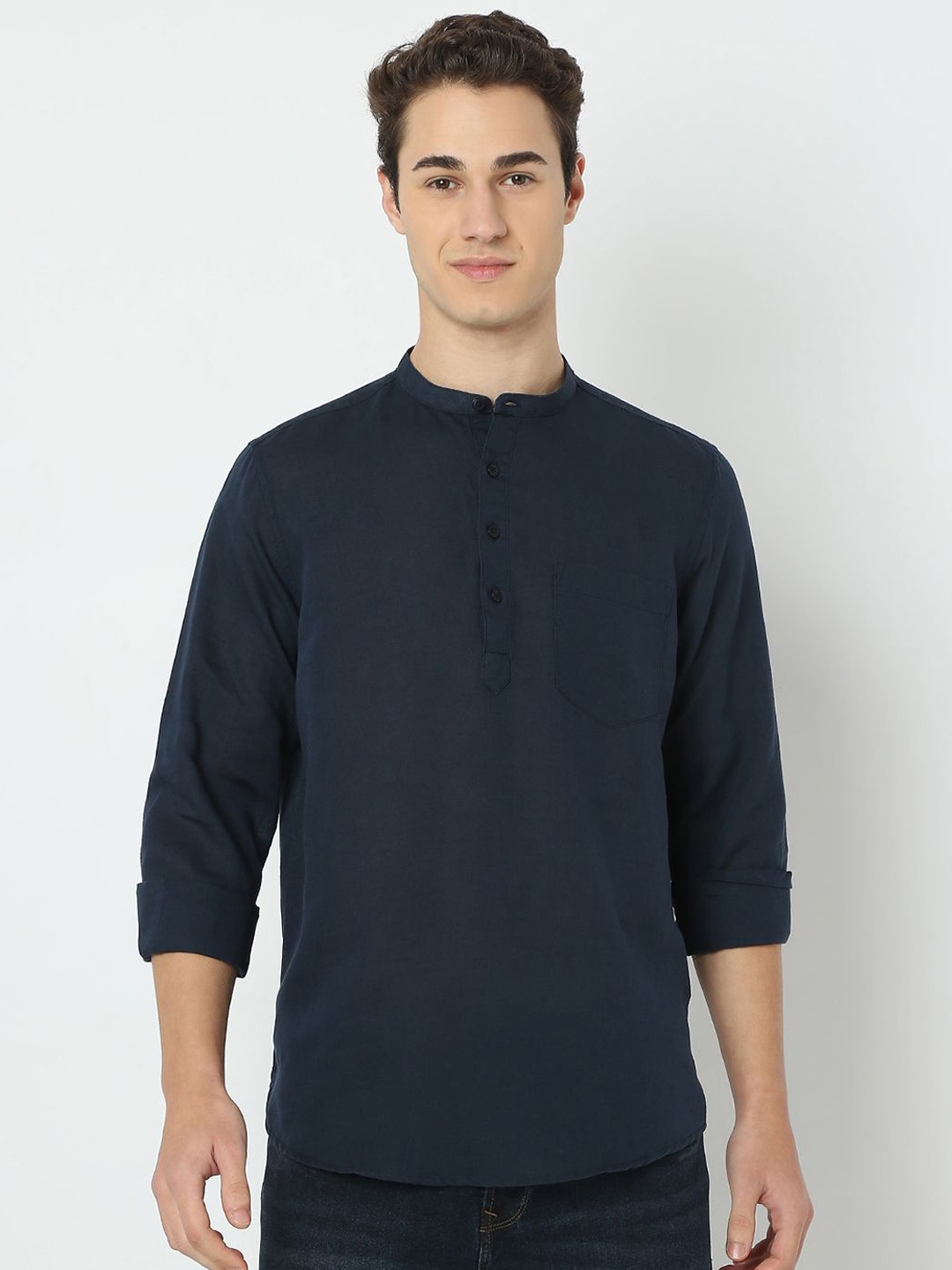 

SPYKAR Band Collar Linen Straight Kurta, Navy blue