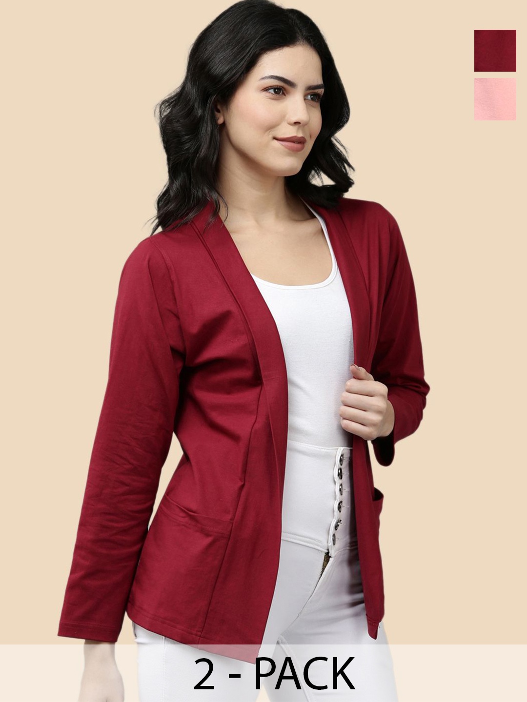 

Kryptic Pack Of 2 Cotton Open Front Shrug, Maroon